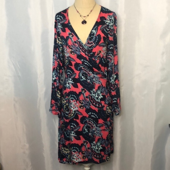 ROXY WOMENS FLORAL PRINT PINK/BLUE LONG SLEEVE WRAP DRESS SIZE S - Picture 3 of 15